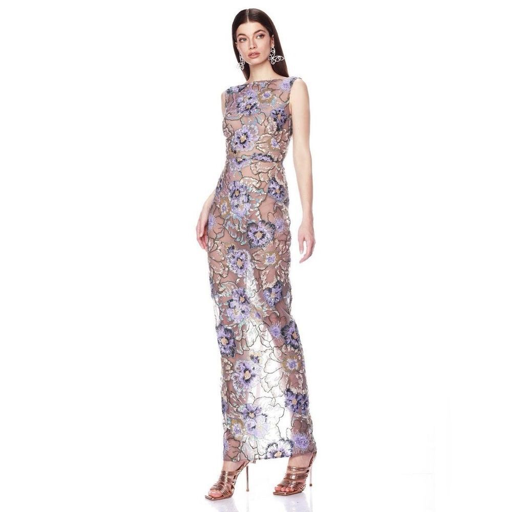 Bronx and Banco Metallic Lavender Floral Maxi Gown